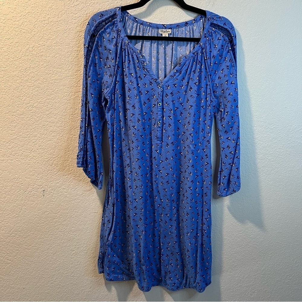Women’s Hatley blue bird printed quarter sleeve shift mini dress size small S